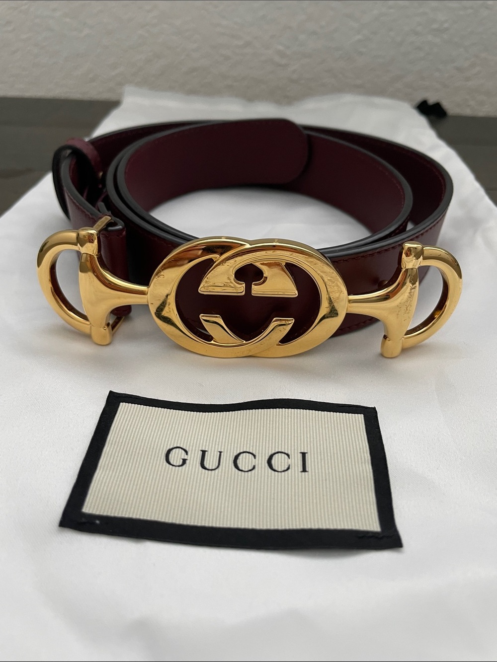 Authentic Gucci Burgundy Leather Belt with Gold Interlocking Buckle, used!
